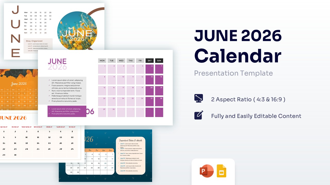 A collection of June 2026 calendar presentation slides displaying various layouts, grids, and colorful designs.