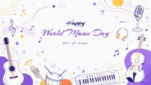 White and purple doodle slide decorated with vector outlines of drums, trumpets, and violins.