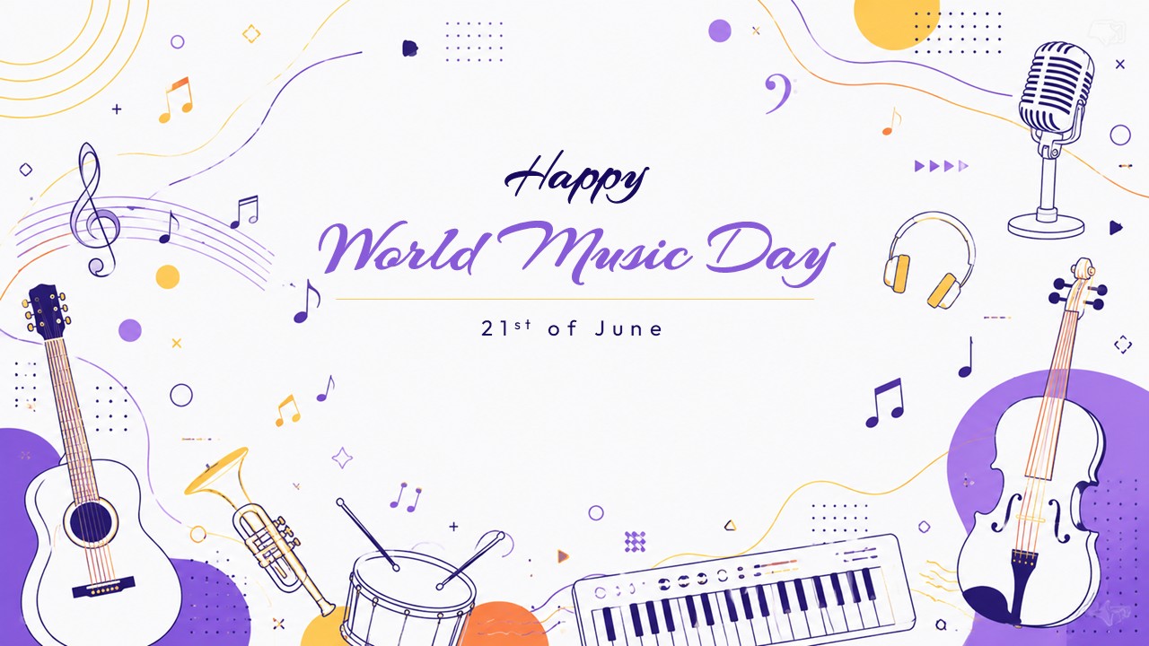 White and purple doodle slide decorated with vector outlines of drums, trumpets, and violins.