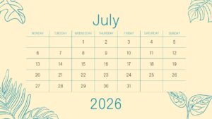 Minimal July monthly planner with clean calendar grid and botanical decorative elements for scheduling