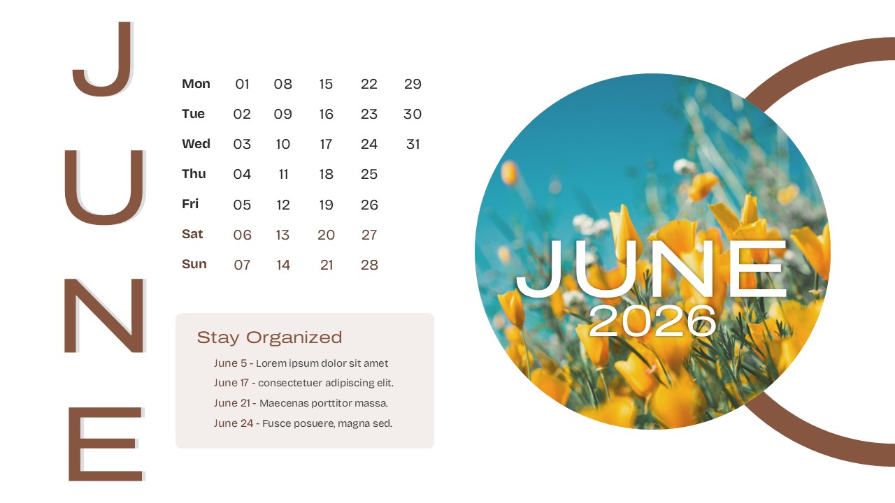 A modern June 2026 calendar layout with brown text, a circular floral image cutout, and a structured notes box.