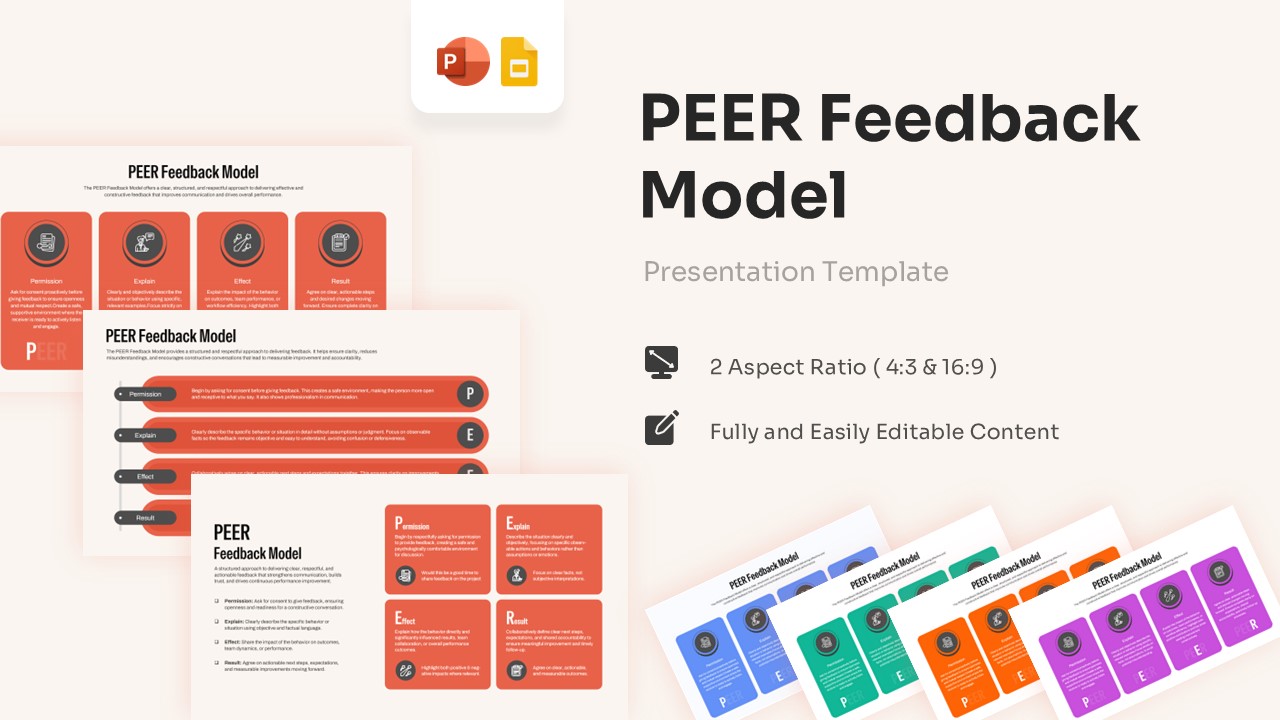 Cover preview of PEER Feedback Model presentation with multiple editable infographic slide layouts.