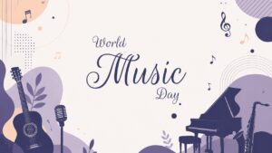 Aesthetic cream and lilac slide with silhouettes of a grand piano, guitar, and saxophone.