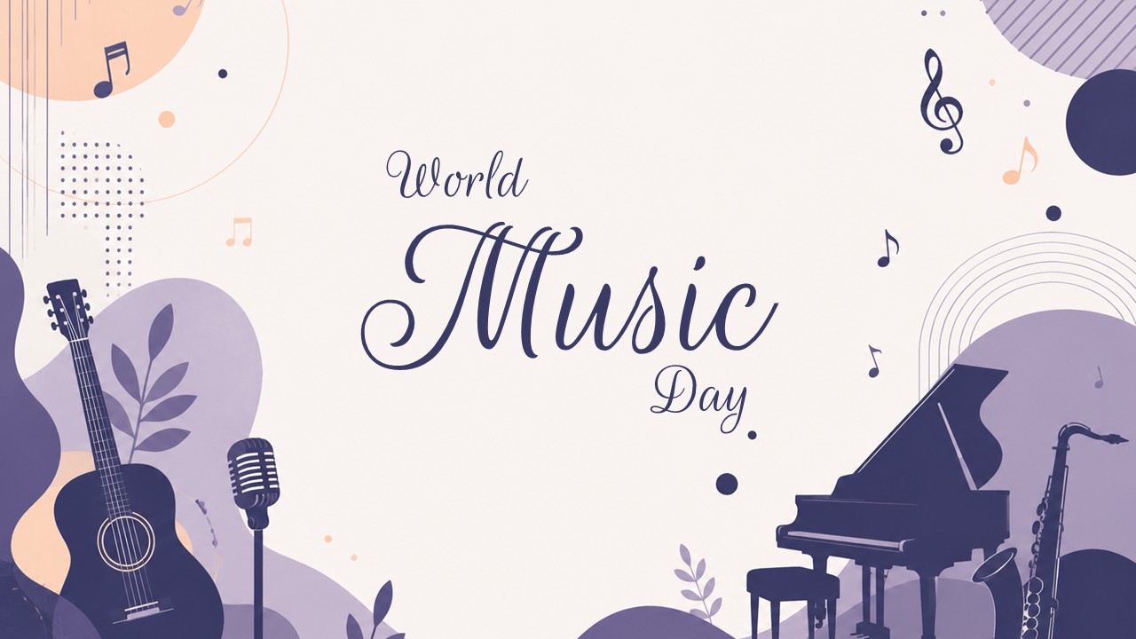 Aesthetic cream and lilac slide with silhouettes of a grand piano, guitar, and saxophone.