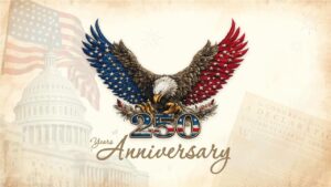 Graphic of a bald eagle with flag-patterned wings for 250 years anniversary