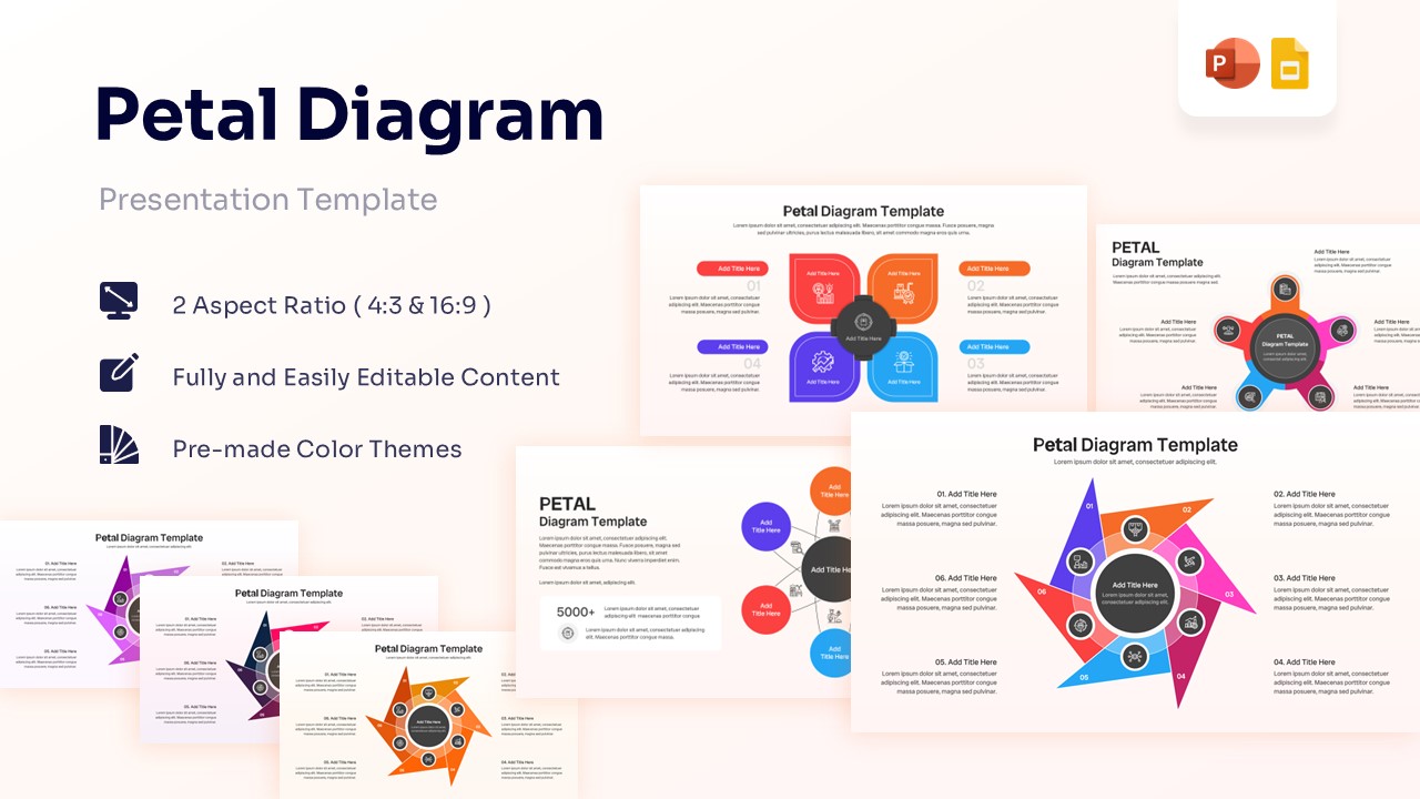 Petal Diagram Template preview showing multiple colorful petal infographic layouts and process slides