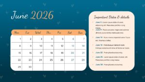 A creative June 2026 calendar slide with a dark blue background, paw prints, and a dedicated important dates panel.