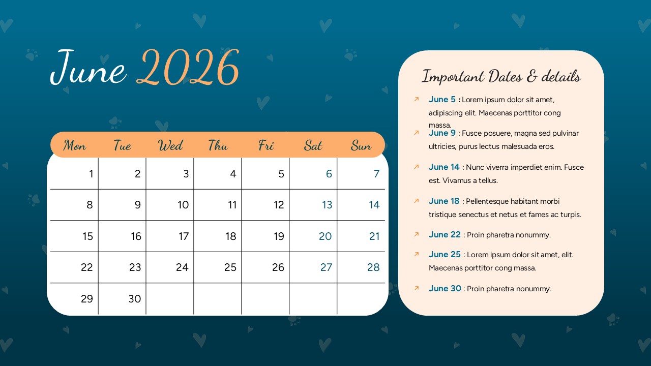 A creative June 2026 calendar slide with a dark blue background, paw prints, and a dedicated important dates panel.