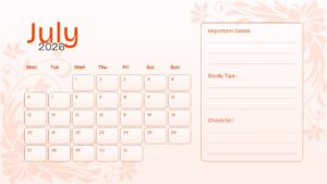 Printable July calendar layout with checklist, study tips, notes area, and editable monthly date grid
