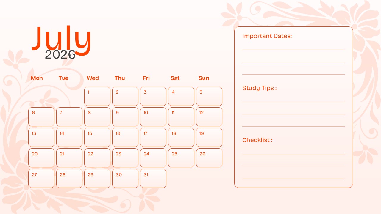Printable July calendar layout with checklist, study tips, notes area, and editable monthly date grid
