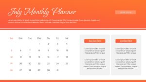 Orange and gray monthly planner presentation with calendar dates and information panels