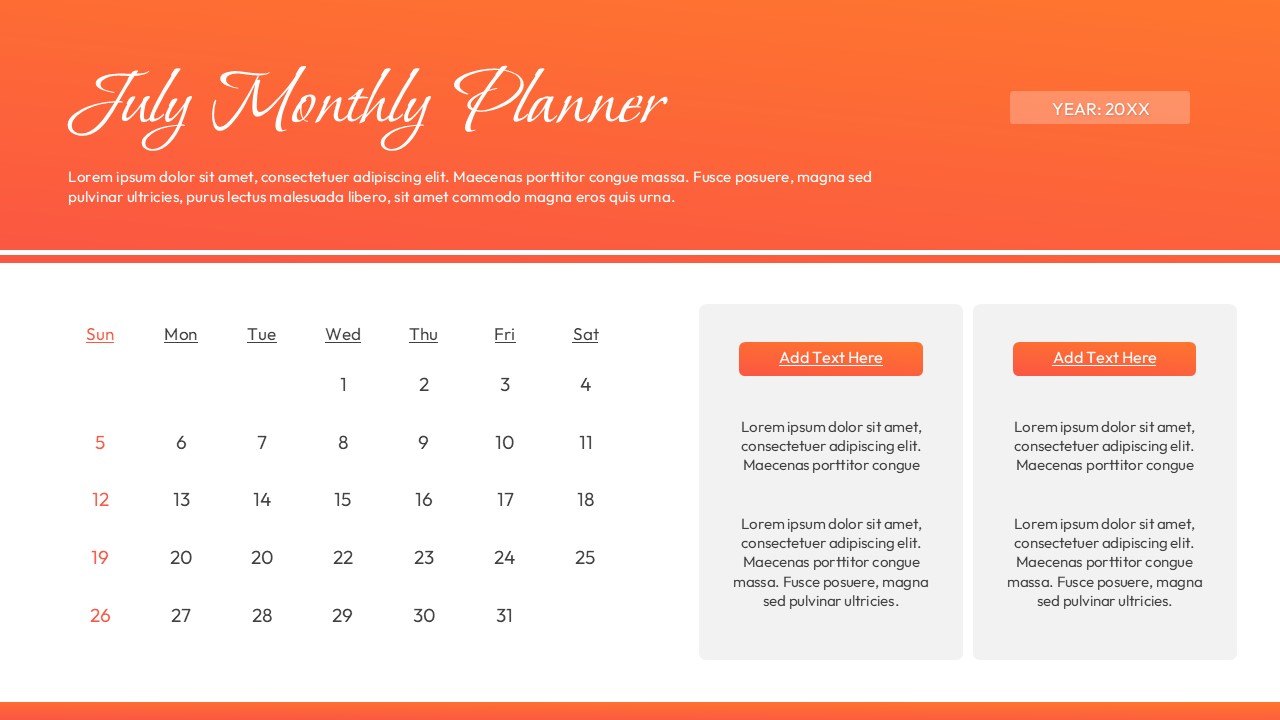 Orange and gray monthly planner presentation with calendar dates and information panels