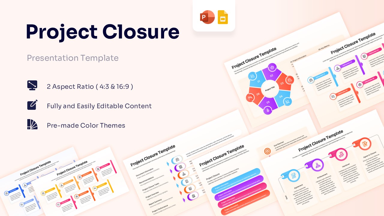 Project Closure Template cover slide showcasing multiple project closure infographic layouts