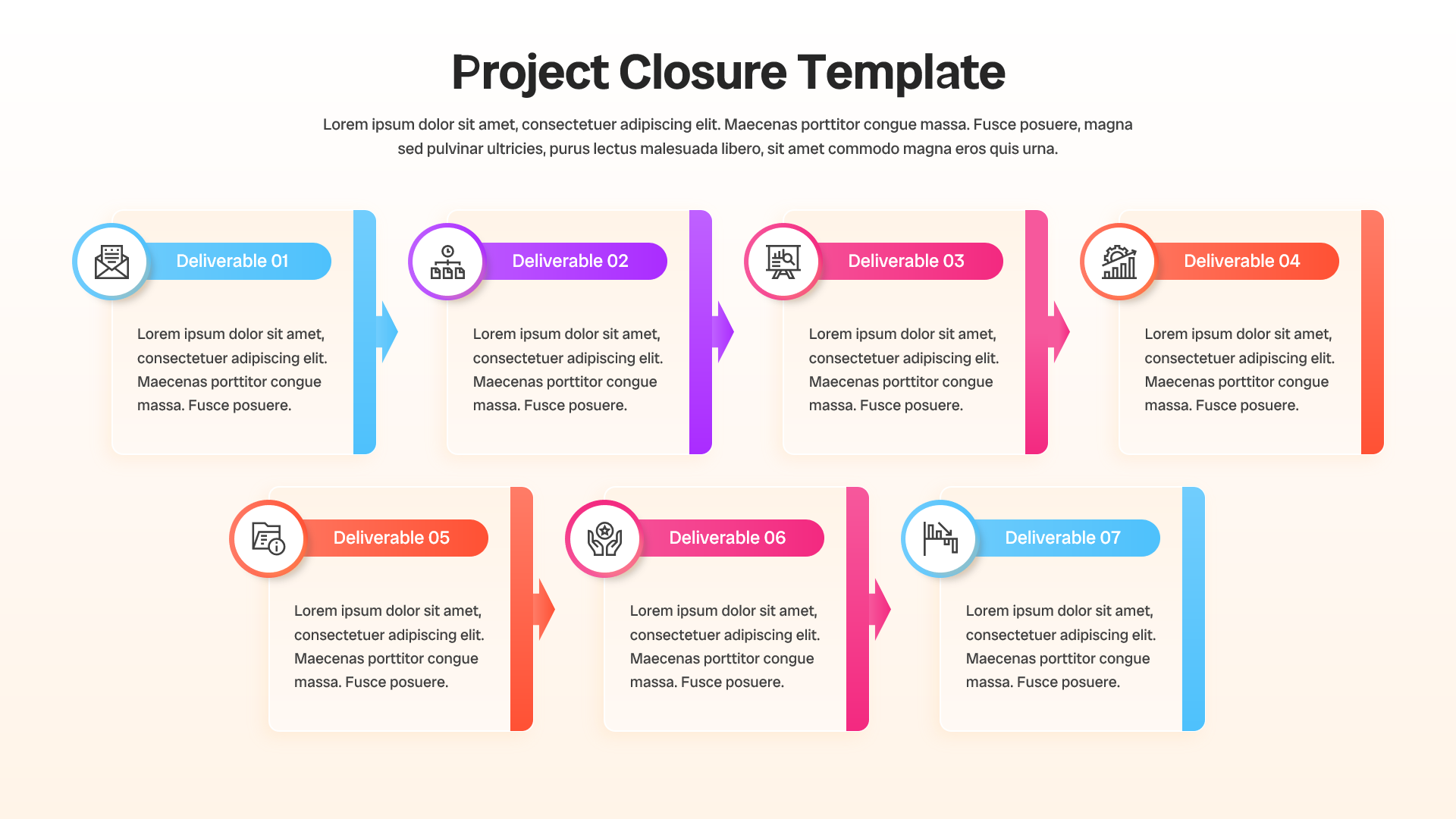 Sequential project deliverables workflow infographic with seven closure milestones and icons