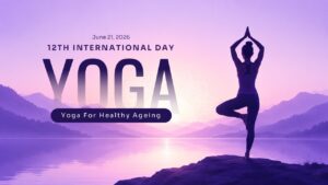 A woman performing a tree pose on a rock overlooking a lake during a purple mountain sunrise.