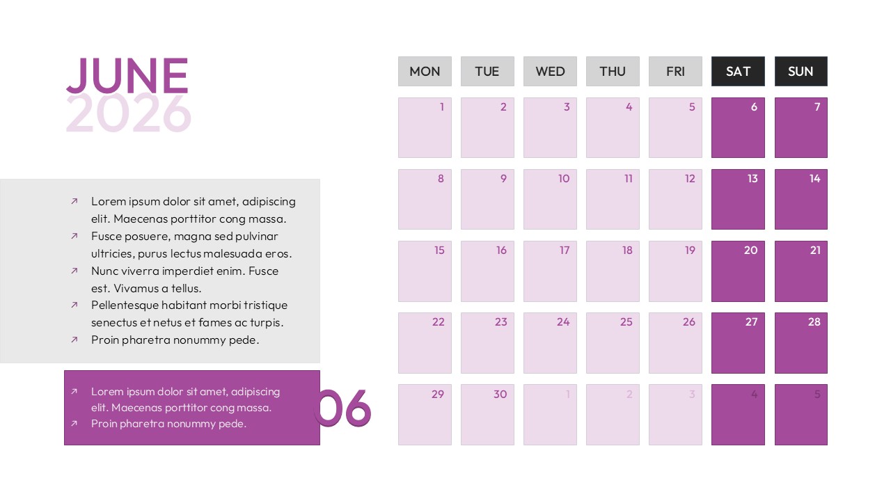 A minimalist June 2026 calendar slide in purple and white, featuring a standard monthly grid and side notes section.