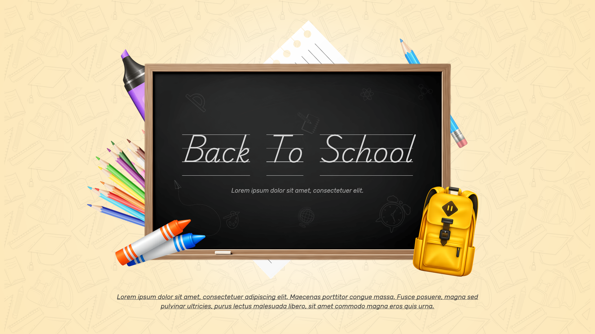 school welcome presentation slide featuring blackboard backpack and classroom supplies