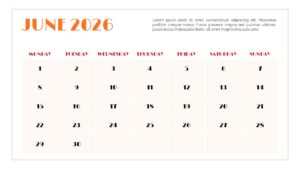 A simple and clean June 2026 monthly calendar diagram featuring orange headers and a cream-colored date grid.