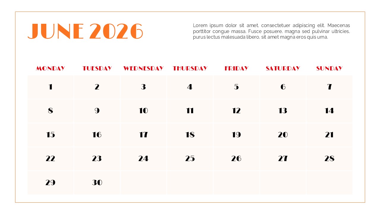A simple and clean June 2026 monthly calendar diagram featuring orange headers and a cream-colored date grid.