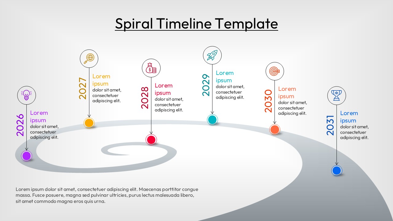 Spiral growth timeline featuring yearly milestones, icons, and chronological business progression