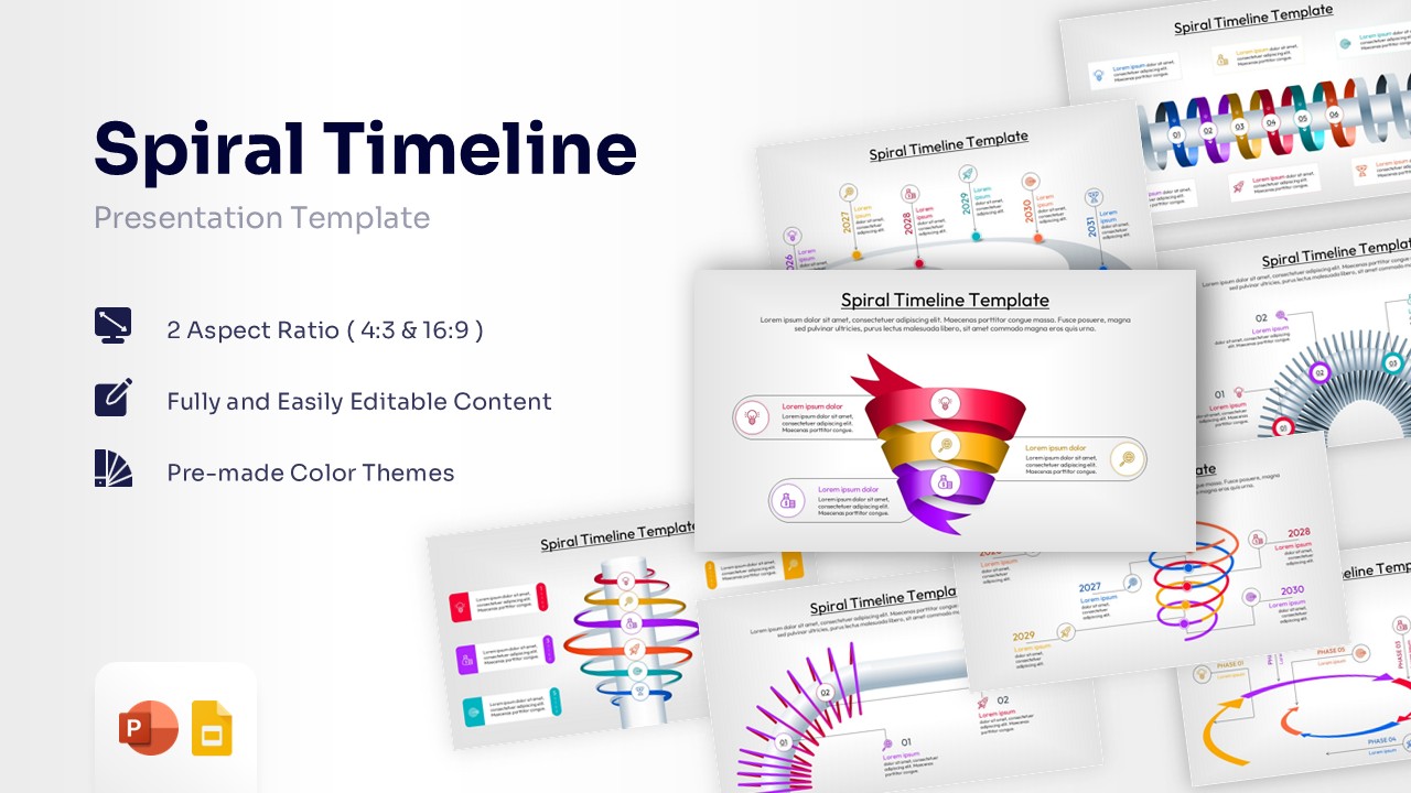 Spiral Timeline Template preview showing multiple roadmap, milestone, and process infographic slides