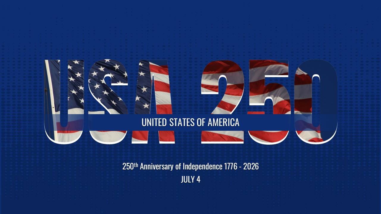 Large bold USA 250 text masking an American flag over a dark blue background.