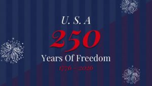 USA 250 years of freedom text on a dark blue striped background with fireworks.