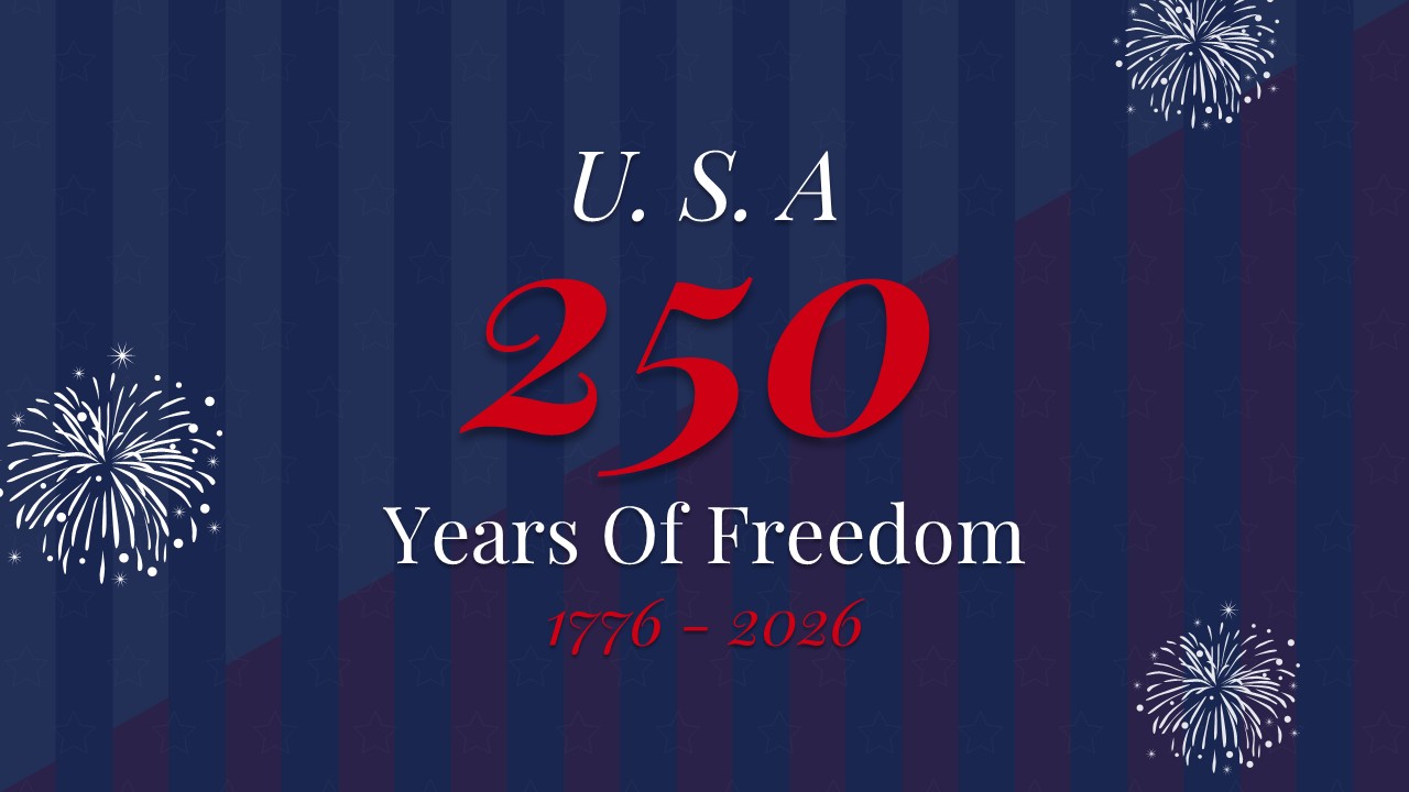 USA 250 years of freedom text on a dark blue striped background with fireworks.