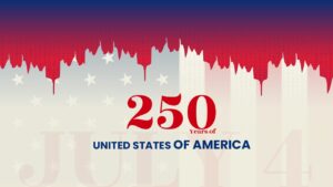 Close-up of 250 years of United States of America slide with flag silhouette background.