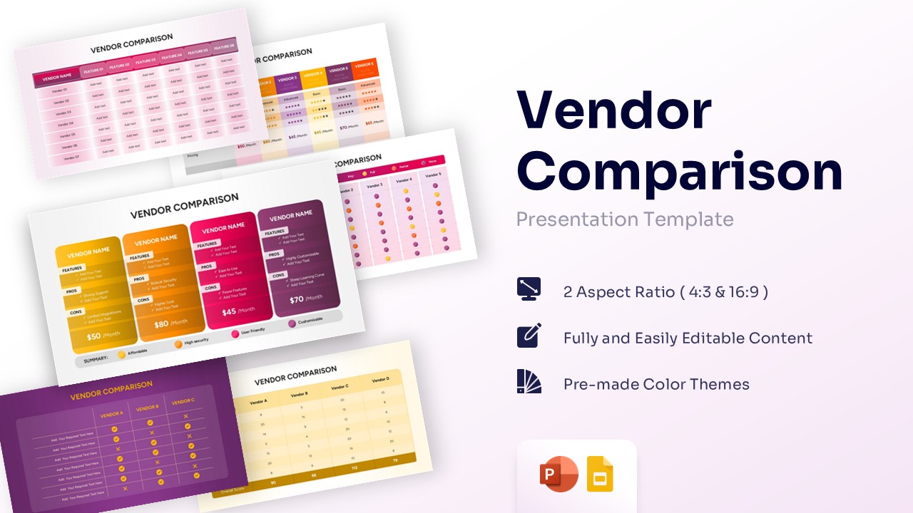 Vendor comparison template cover showcasing multiple comparison tables, matrices, and supplier evaluation layouts.