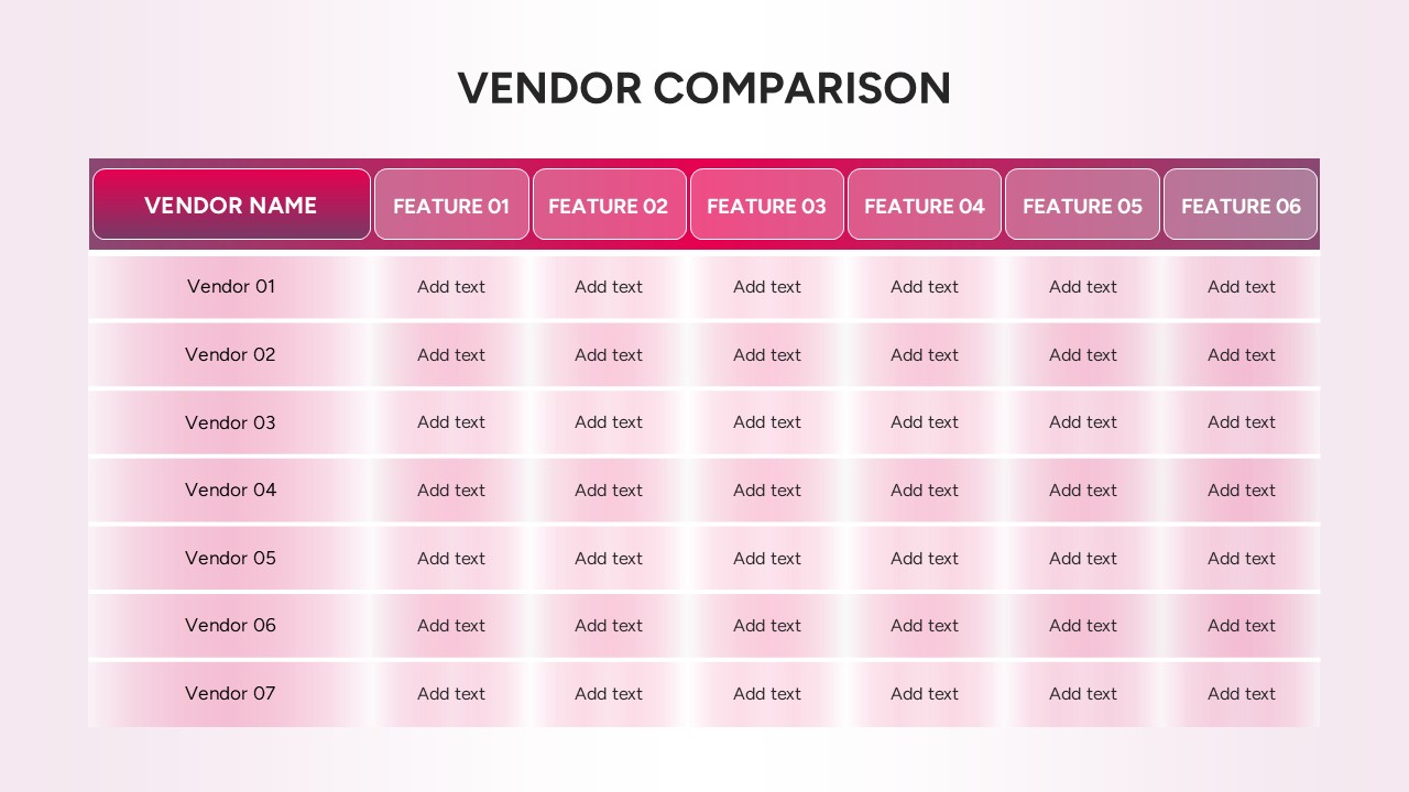 Vendor comparison matrix with multiple vendors and feature columns for side-by-side evaluation.