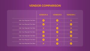Vendor requirement checklist comparing multiple suppliers using visual indicators and criteria rows.