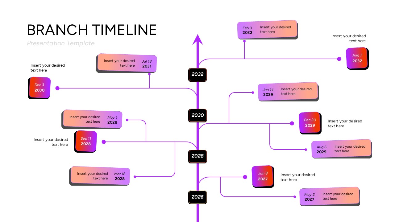 Vertical arrow roadmap from 2026 to 2032 with purple and orange gradient text cards.
