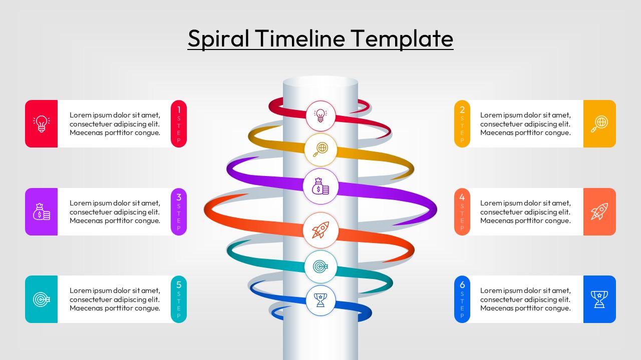 Vertical spiral workflow infographic with six colorful process stages and side descriptions