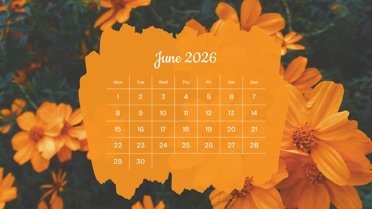 A June 2026 monthly calendar overlaid on a vibrant orange brushstroke shape with a yellow floral background.