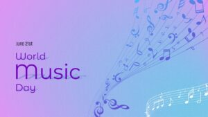 Purple and blue gradient presentation layout with cascading musical notation lines.