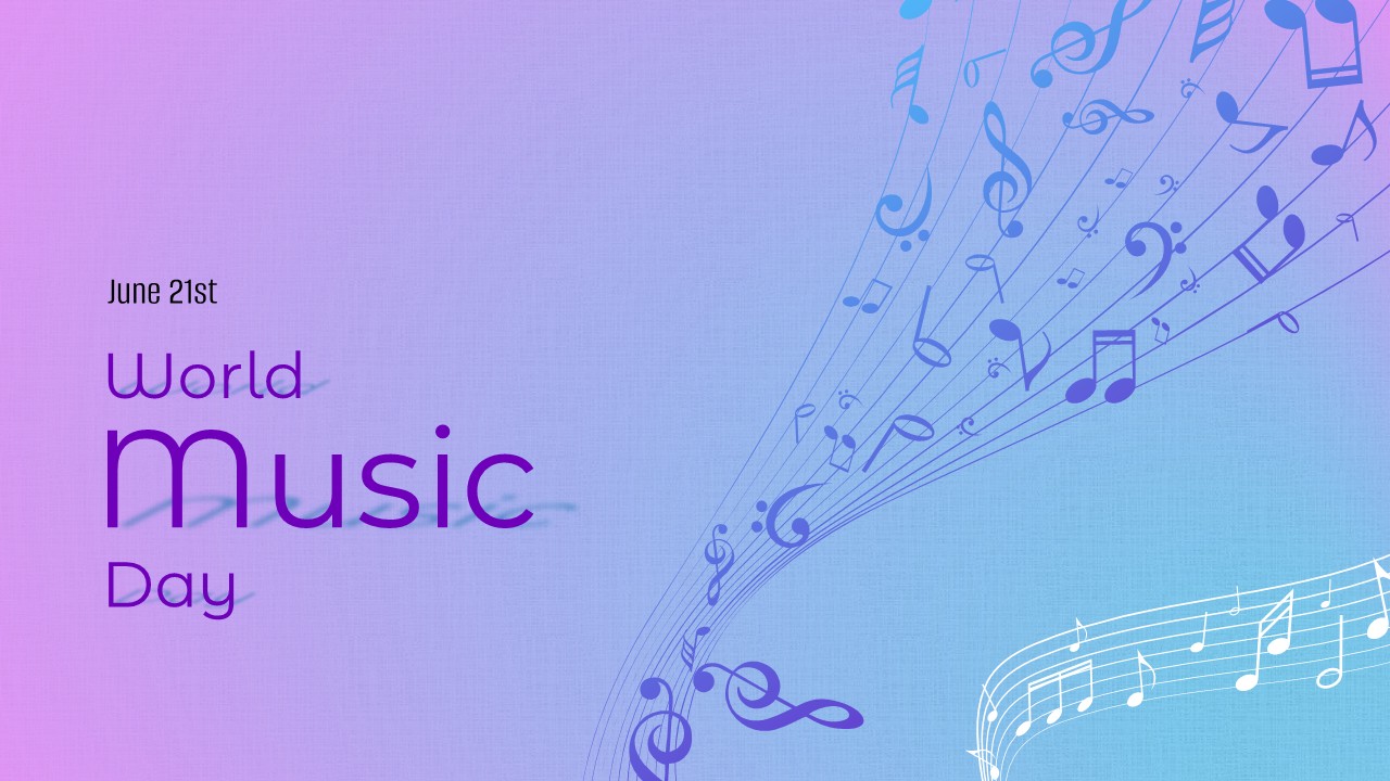 Purple and blue gradient presentation layout with cascading musical notation lines.