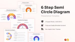Presentation template collage showcasing multiple variations of a 6 step semi circle diagram layout.