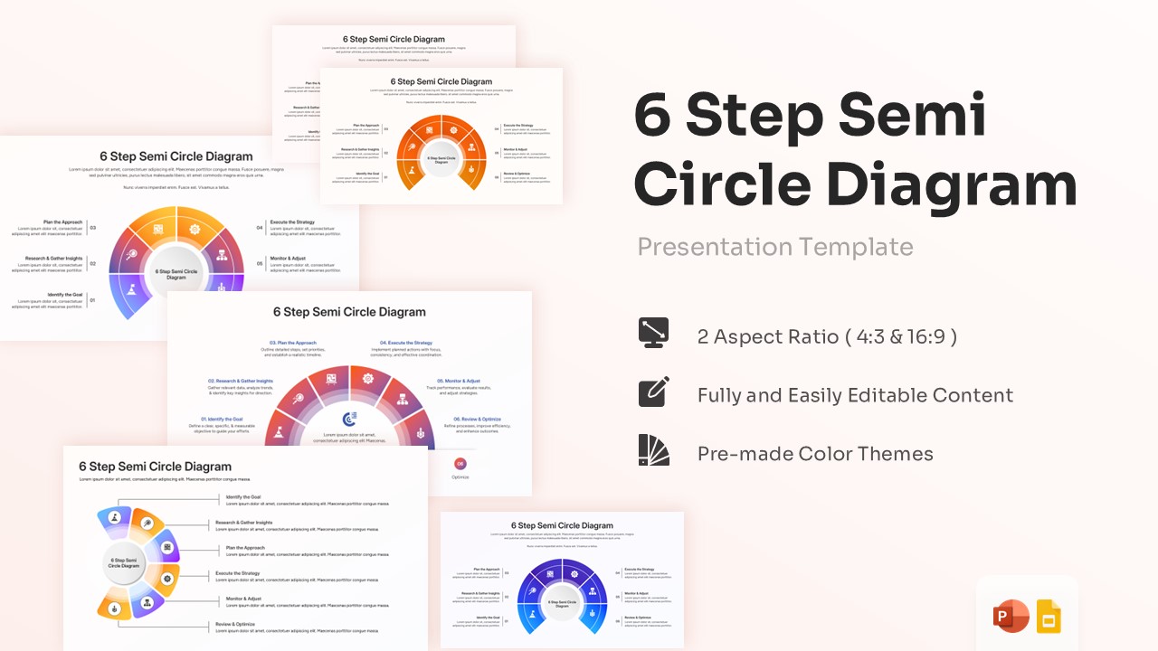 Presentation template collage showcasing multiple variations of a 6 step semi circle diagram layout.