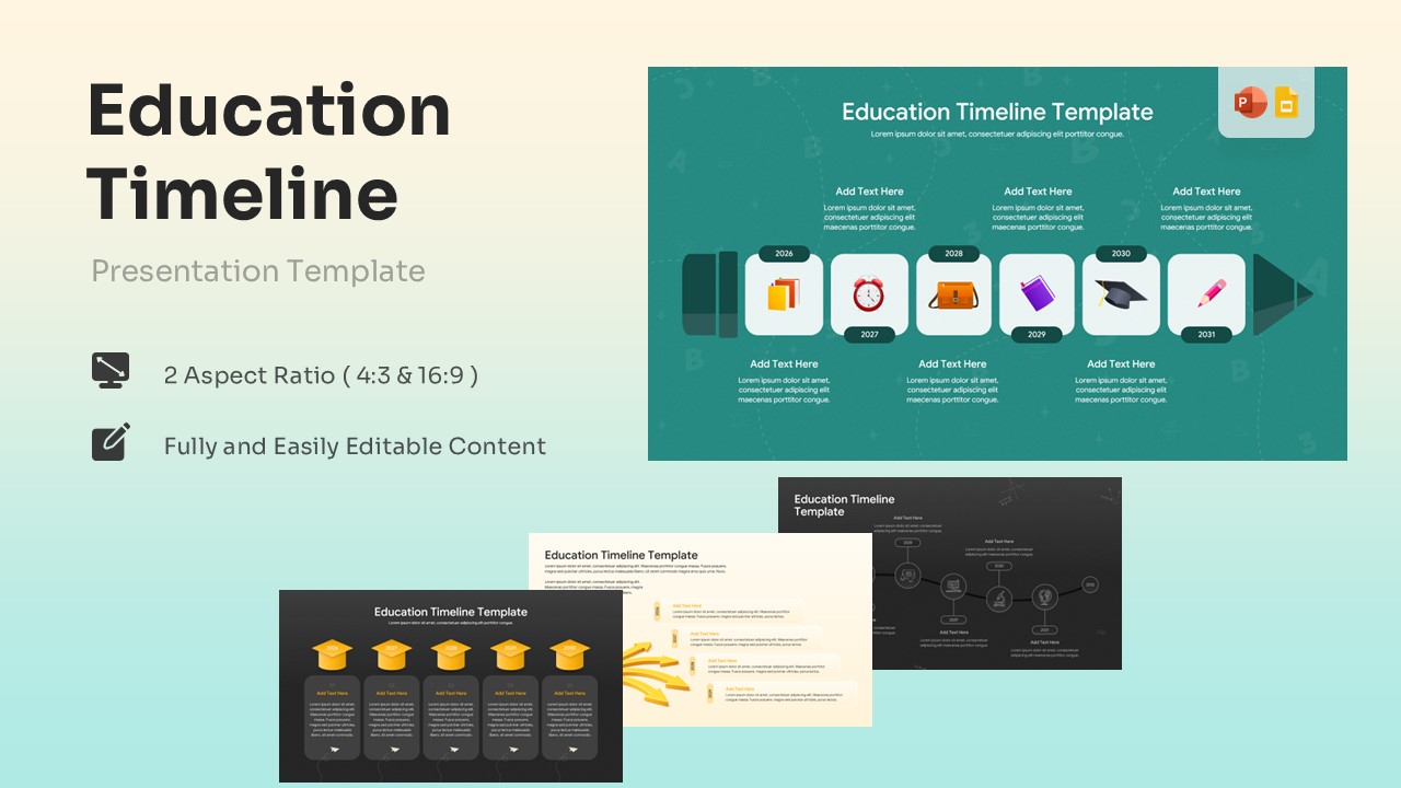 Multi slide view showcasing dark and light education timeline variations for powerpoint.