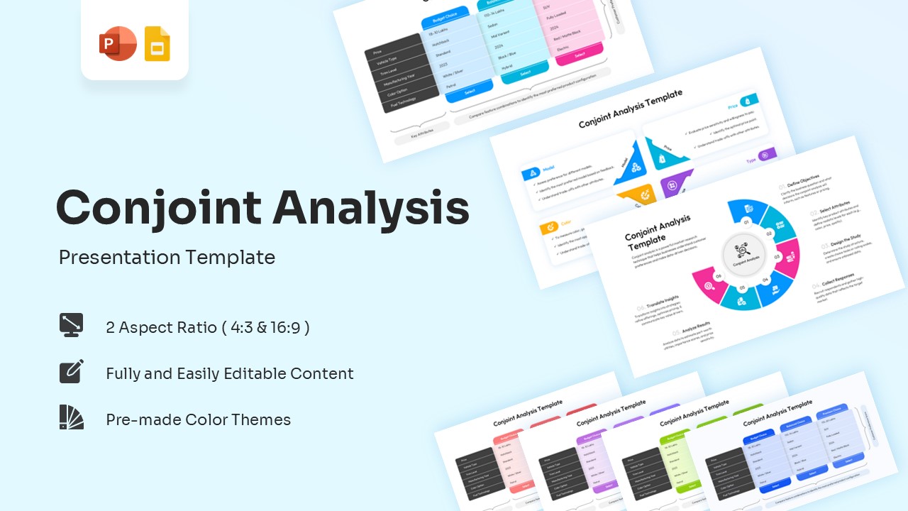 Cover slide for the Conjoint Analysis Template showcasing diverse layout variations for PowerPoint.