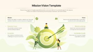 Central target graphic slide with team illustrations for strategic mission and vision goals.