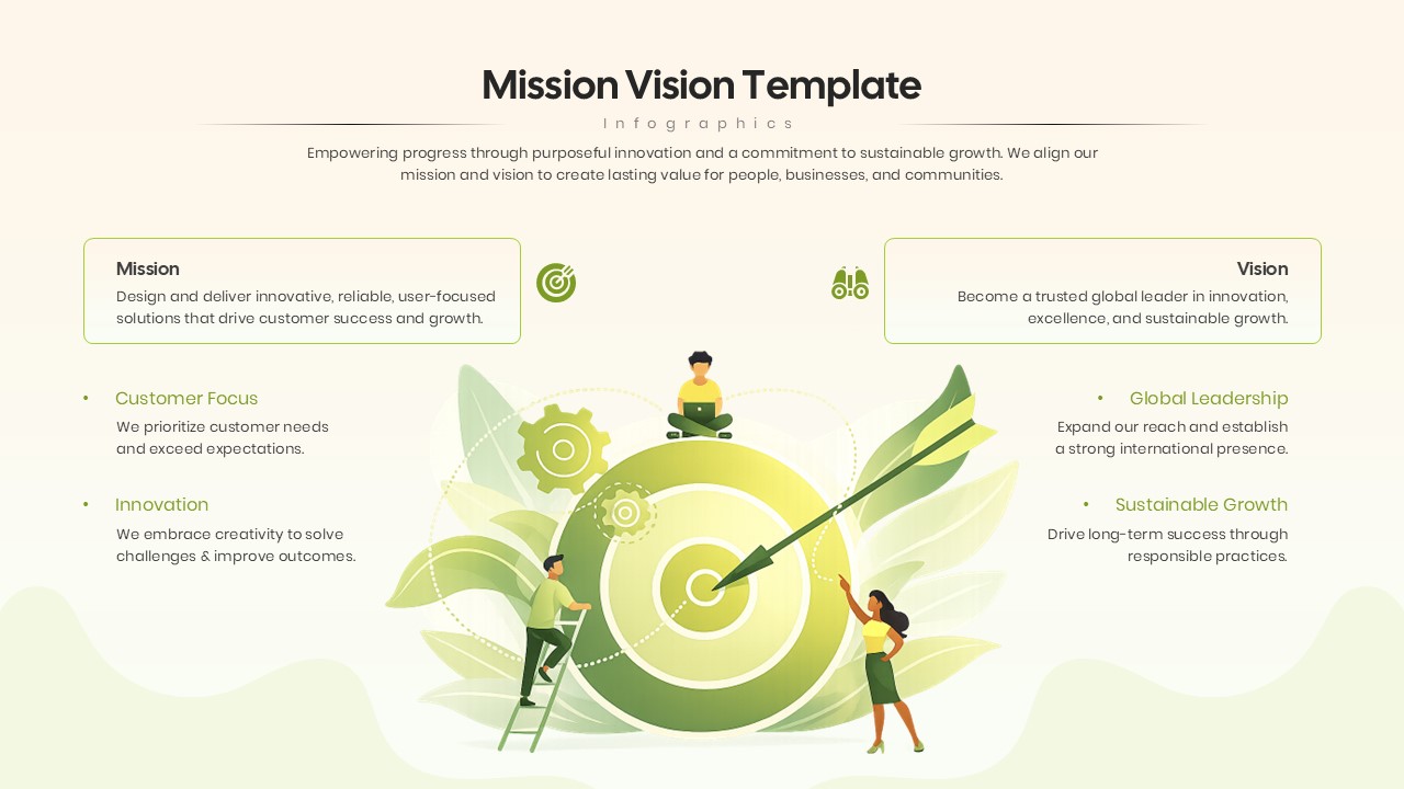 Central target graphic slide with team illustrations for strategic mission and vision goals.