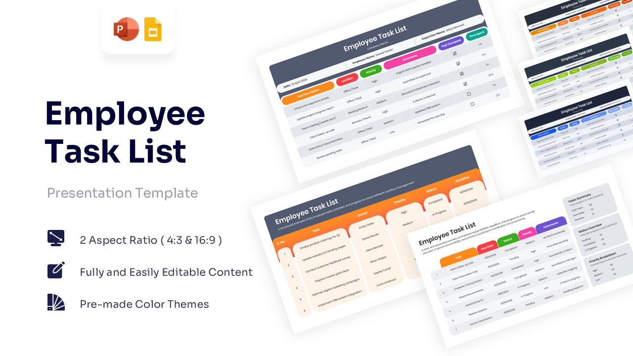Collage of employee task list slides with dark headers and colourful status indicators.
