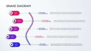 5-step vertical snake process diagram template with colorful gradient pill buttons and text blocks.