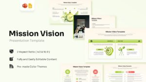 Showcase of multiple green and coral mission and vision presentation slides.