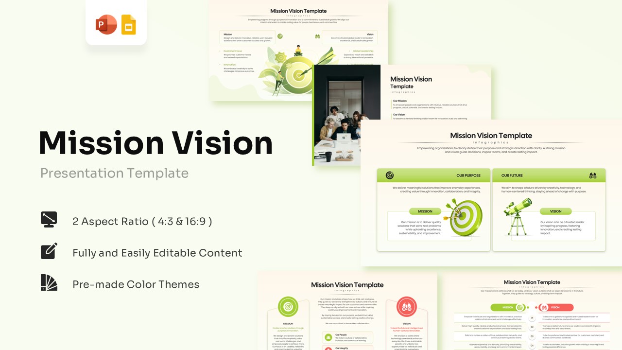 Showcase of multiple green and coral mission and vision presentation slides.
