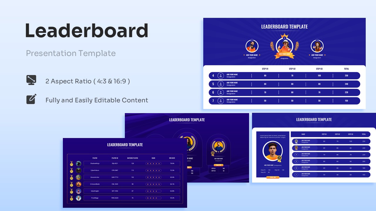 A blue presentation layout displaying a collection of leaderboard template slides and editing features.