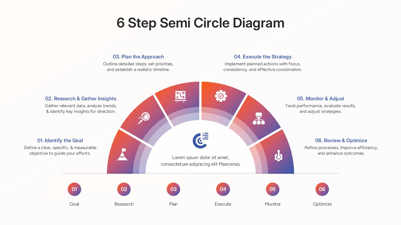 A sleek 6 step semi circle diagram featuring a bottom horizontal timeline bar with numbered nodes.