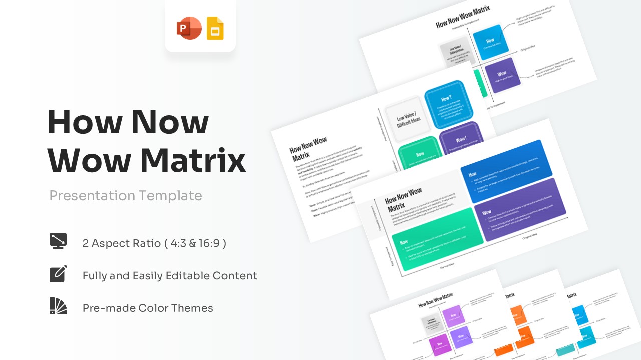 Clean How Now Wow Matrix template cover layout with multiple colorful sample slide previews.